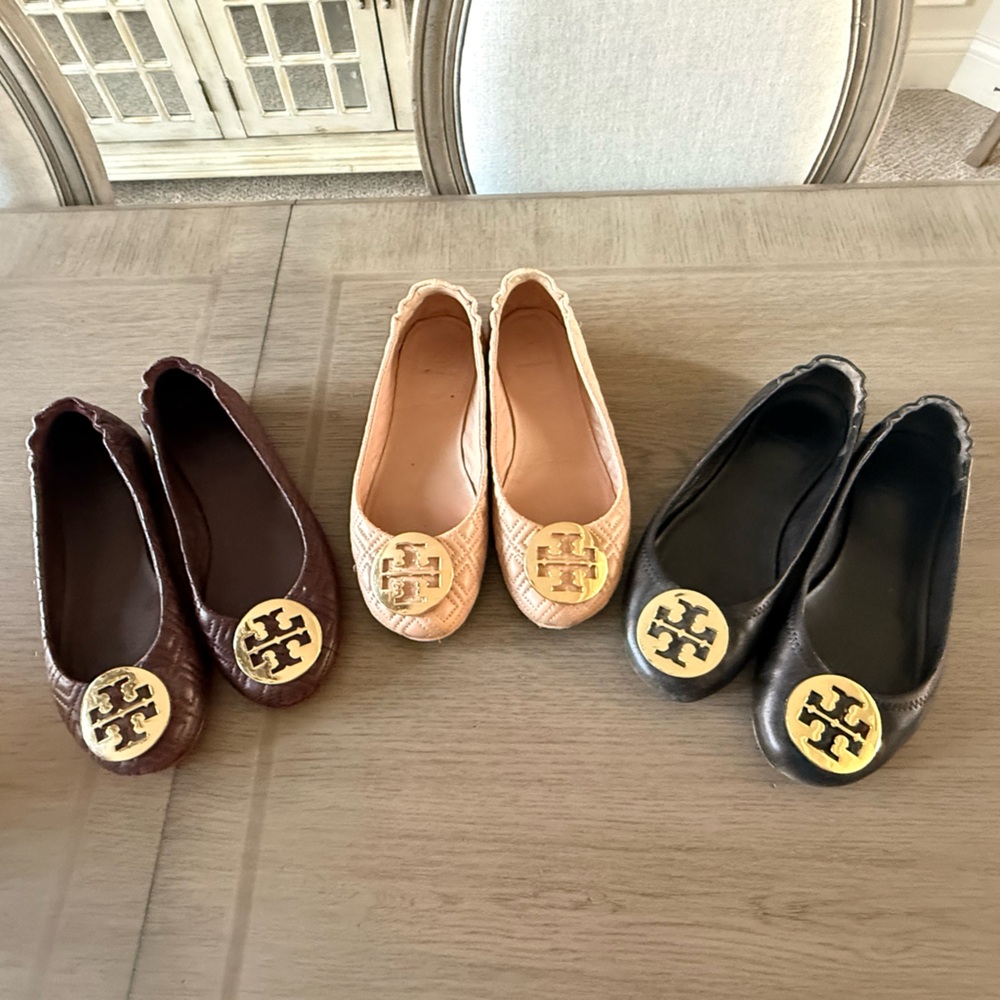 Tory Burch Quilted Leather Minnie Ballet Flats in Black, Burgundy & Blush 7.5 8